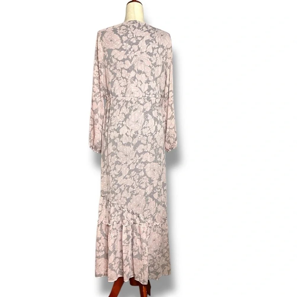 Lovestitch Pink & Grey Floral Balloon Sleeve V-Neck Tiered Maxi Dress Size Med - Picture 5 of 12